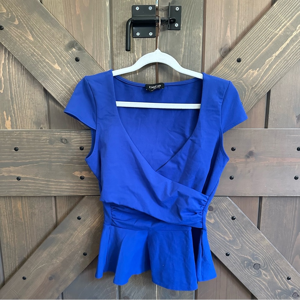 bebe Cobalt Blue Peplum Wrap Blouse